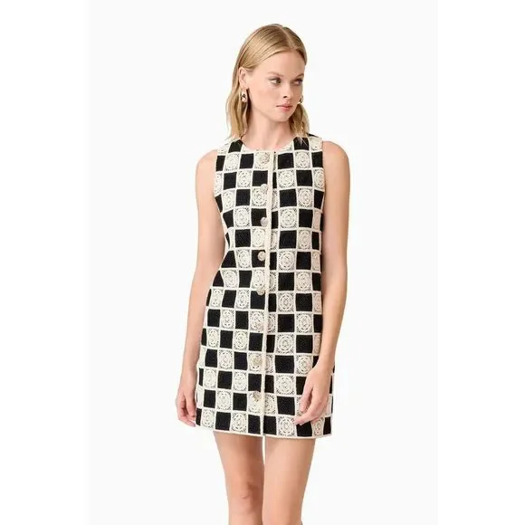 CURAAE Soho Crochet Mini Dress in Black & White Cocktail Brunch Size S NWT - Picture 2 of 8